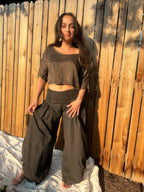 Woman wearing the Italian Pants with The Ease Tee 100% silk crop top.